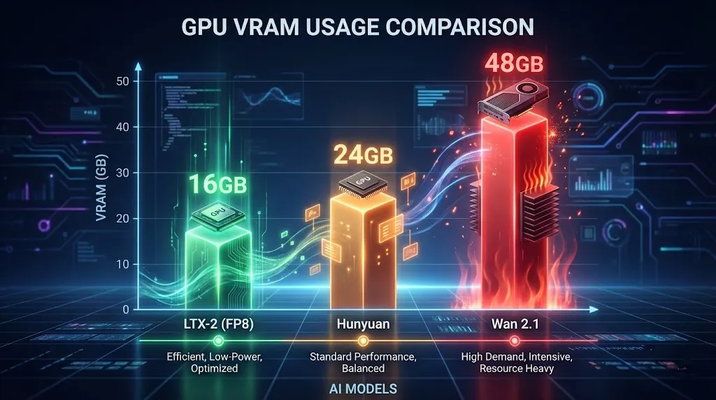 Vergleich der VRAM-Nutzung zwischen LTX-2 (FP8), Hunyuan und Wan 2.1